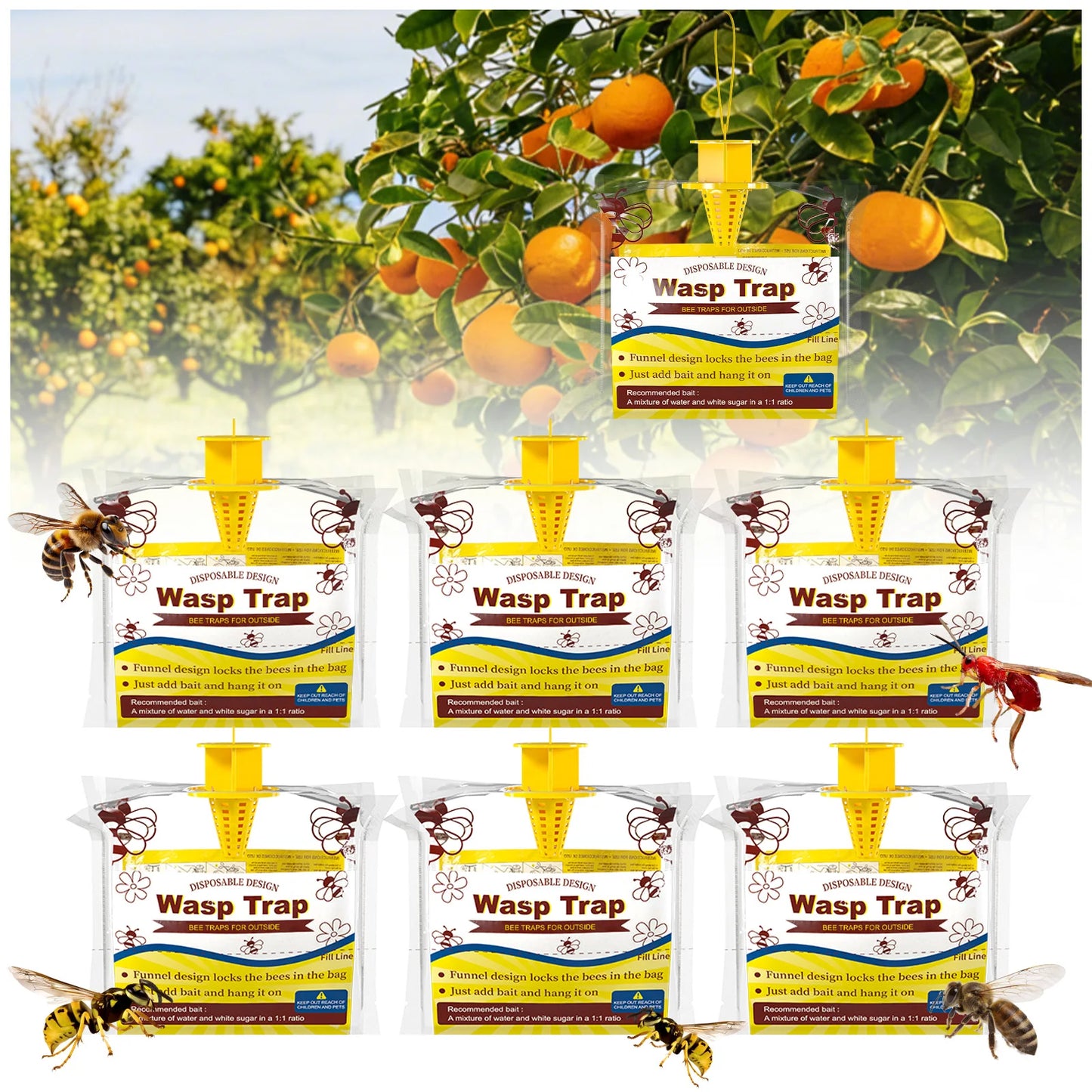 6/8 Pack Wasp Traps Yellow Jacket Trap Catcher Outdoor Hanging Disposable Yellow Jacket Tra Carpenter Bee Killer Outside Bug Catcher Bag For Pest Insect Control