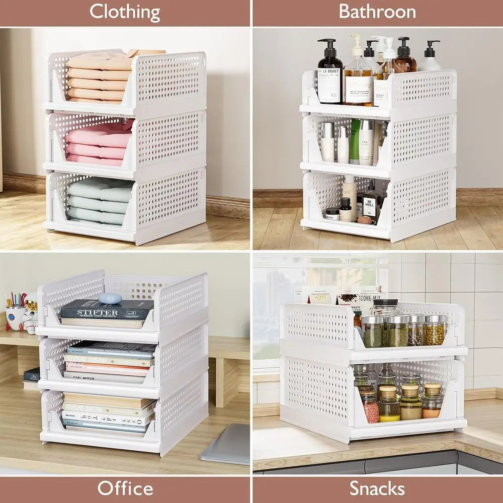 5 Pack Closet Organizers Storage Box, Stackable Storage Bins, Plastic Der Basket or Wardrobe Cupboard Kitchen Bathroom, White