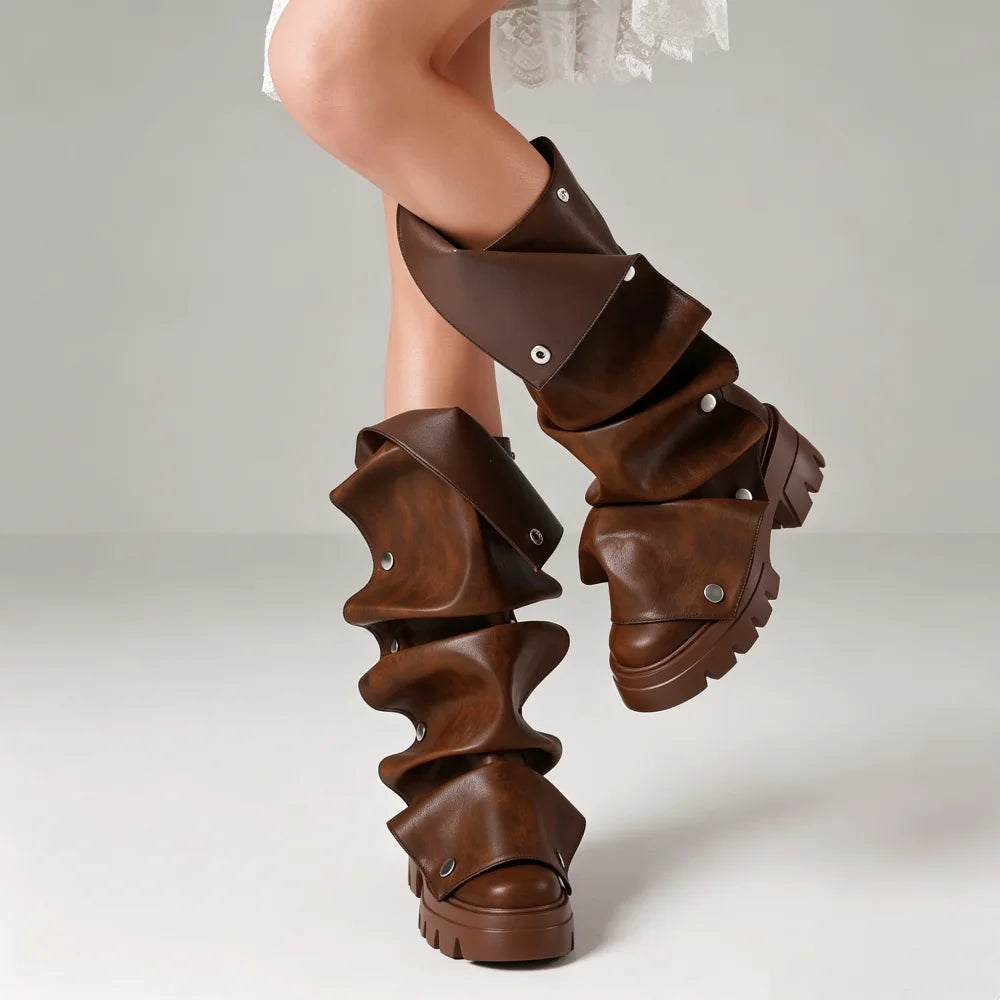 Women's Fold Over Boots Platform Chunky Heel Punk Mid Calf Boots Women Nightclub parties Pull On Boots