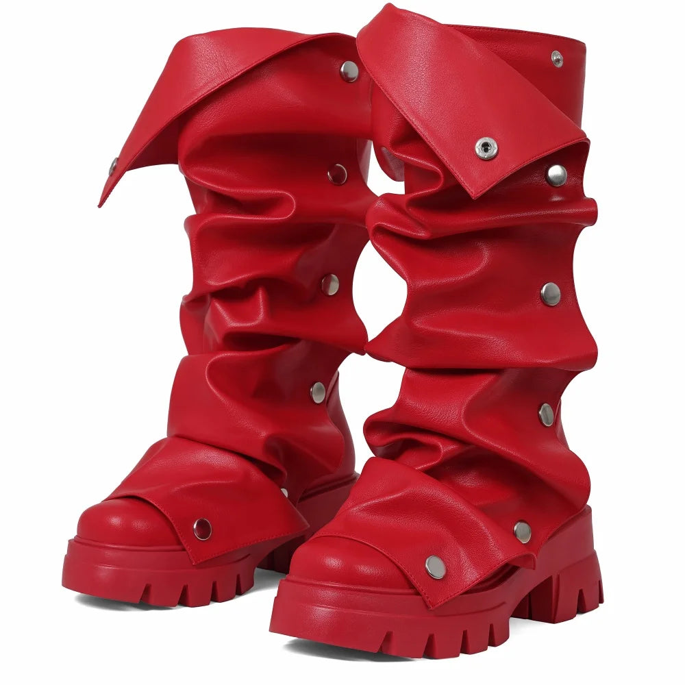 Women's Fold Over Boots Platform Chunky Heel Punk Mid Calf Boots Women Nightclub parties Pull On Boots