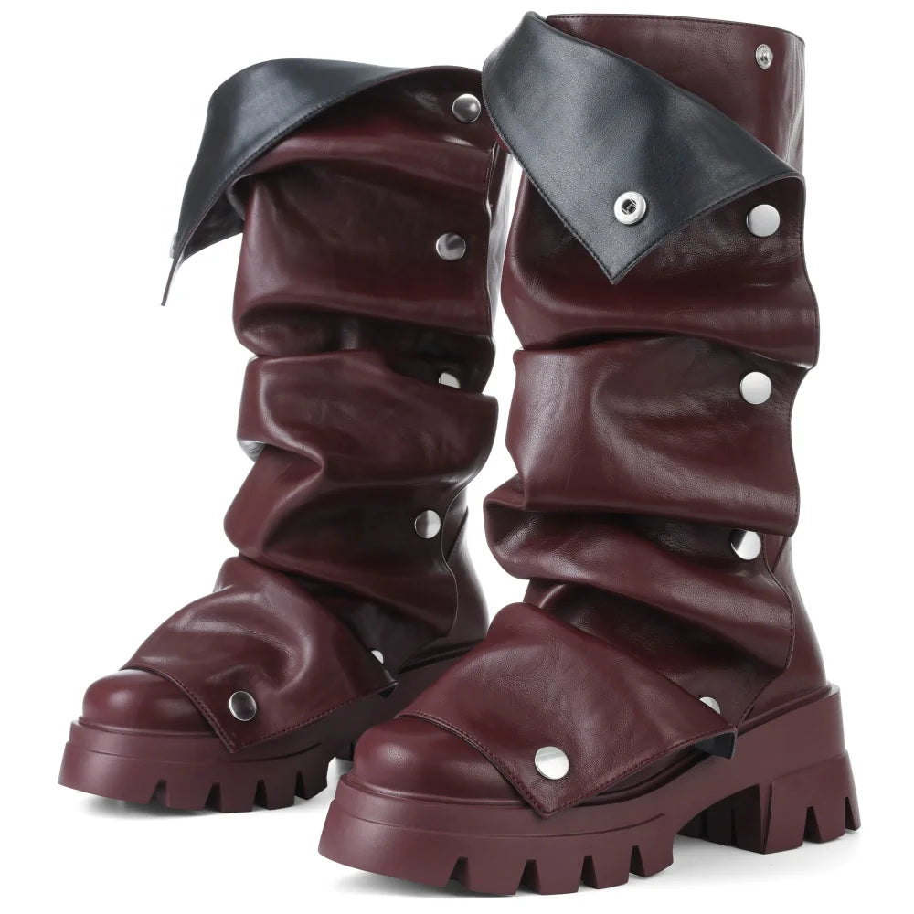 Women's Fold Over Boots Platform Chunky Heel Punk Mid Calf Boots Women Nightclub parties Pull On Boots