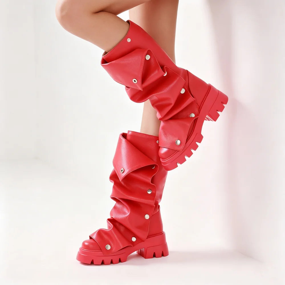 Women's Fold Over Boots Platform Chunky Heel Punk Mid Calf Boots Women Nightclub parties Pull On Boots