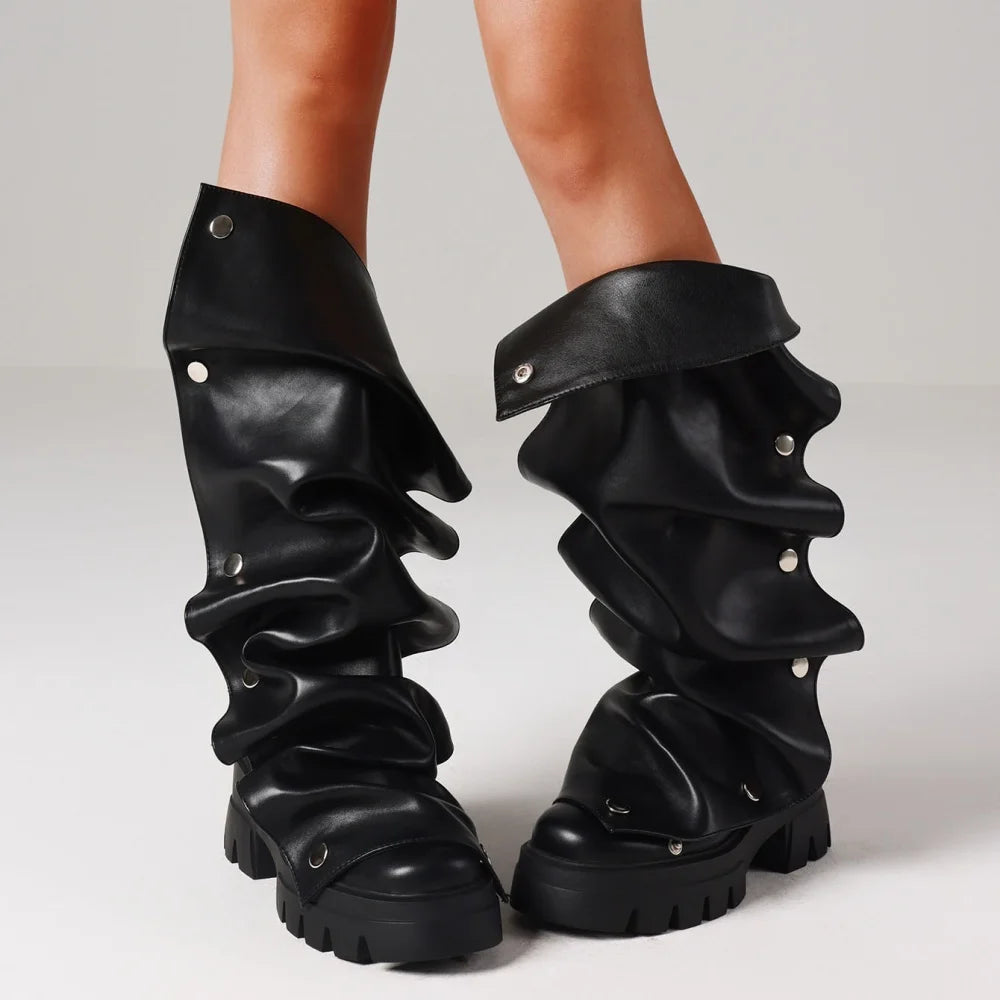 Women's Fold Over Boots Platform Chunky Heel Punk Mid Calf Boots Women Nightclub parties Pull On Boots
