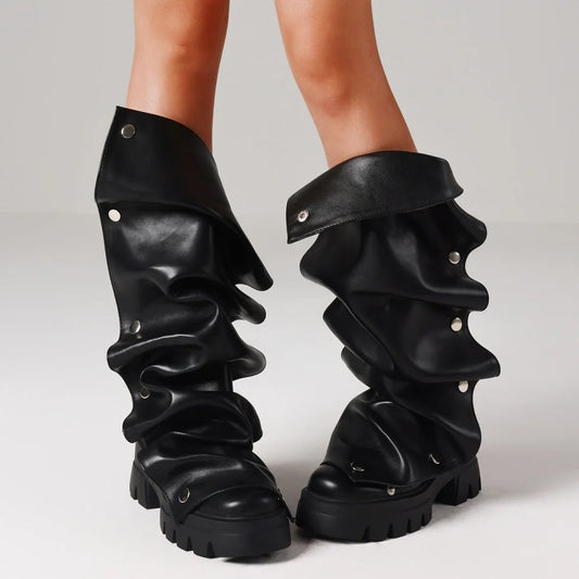 Women's Fold Over Boots Platform Chunky Heel Punk Mid Calf Boots Women Nightclub parties Pull On Boots