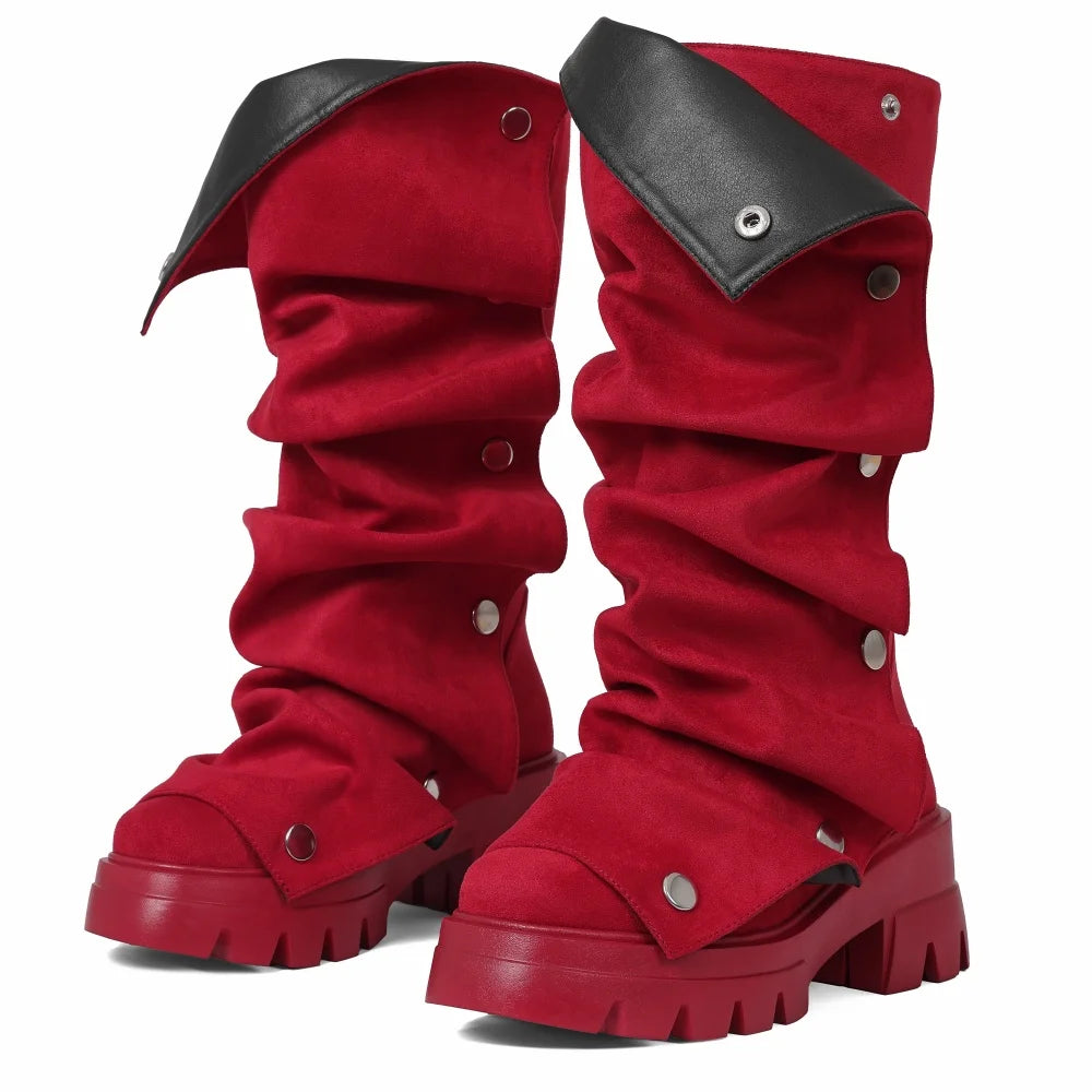Women's Fold Over Boots Platform Chunky Heel Punk Mid Calf Boots Women Nightclub parties Pull On Boots
