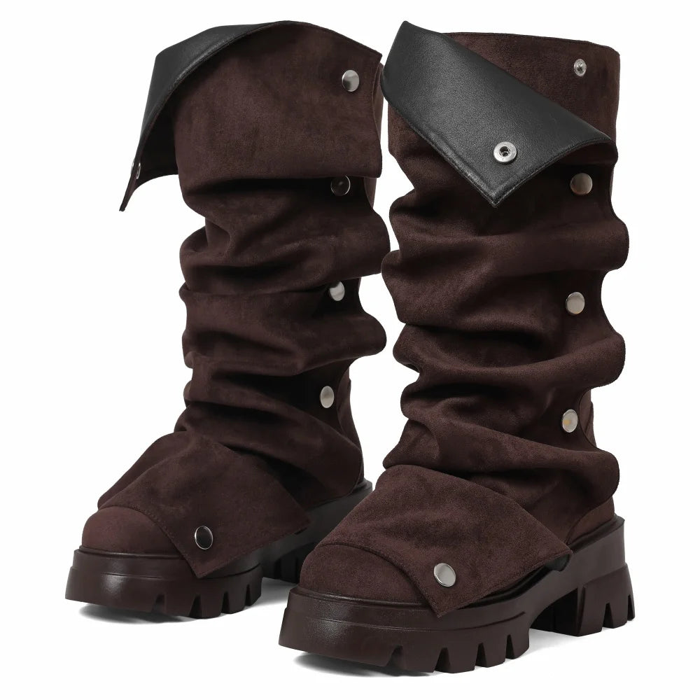Women's Fold Over Boots Platform Chunky Heel Punk Mid Calf Boots Women Nightclub parties Pull On Boots