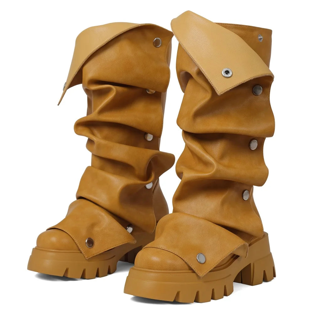 Women's Fold Over Boots Platform Chunky Heel Punk Mid Calf Boots Women Nightclub parties Pull On Boots