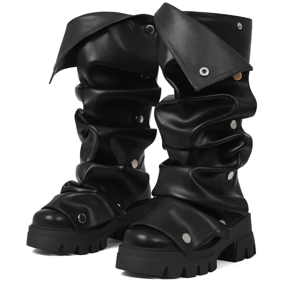 Women's Fold Over Boots Platform Chunky Heel Punk Mid Calf Boots Women Nightclub parties Pull On Boots