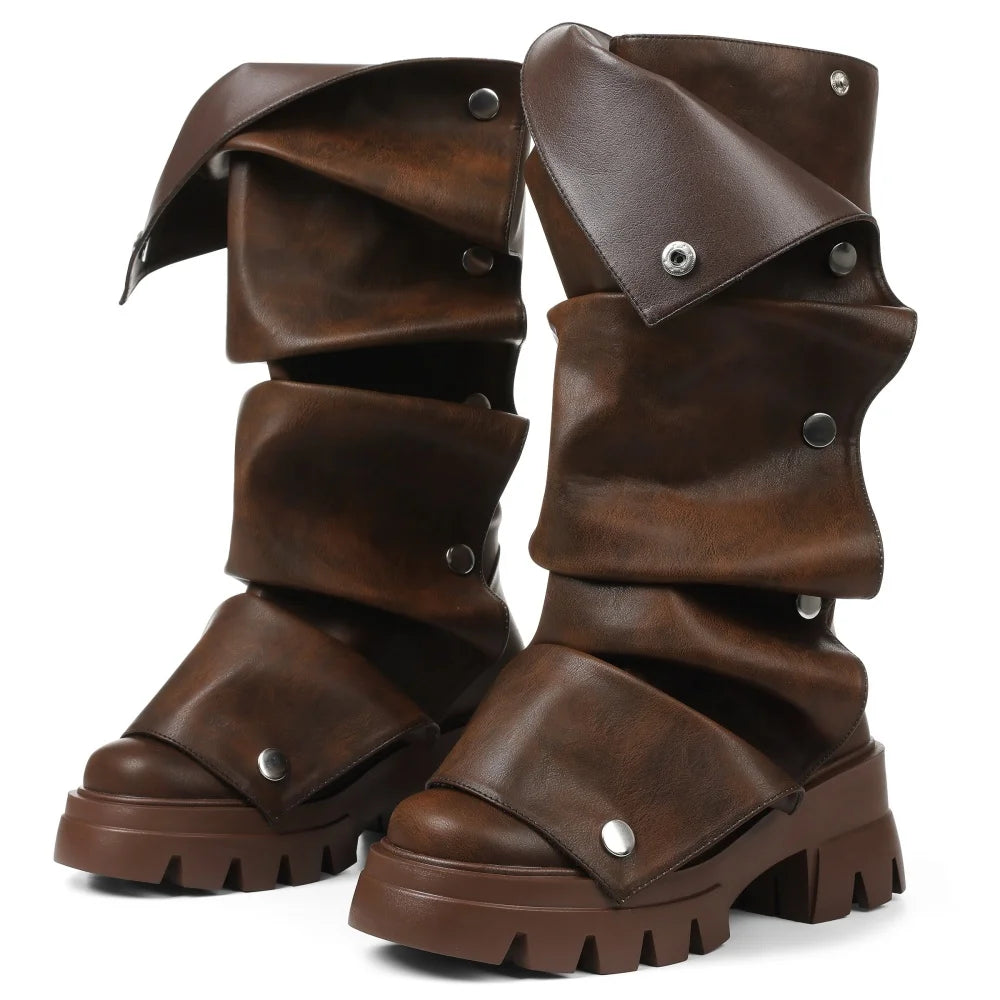 Women's Fold Over Boots Platform Chunky Heel Punk Mid Calf Boots Women Nightclub parties Pull On Boots