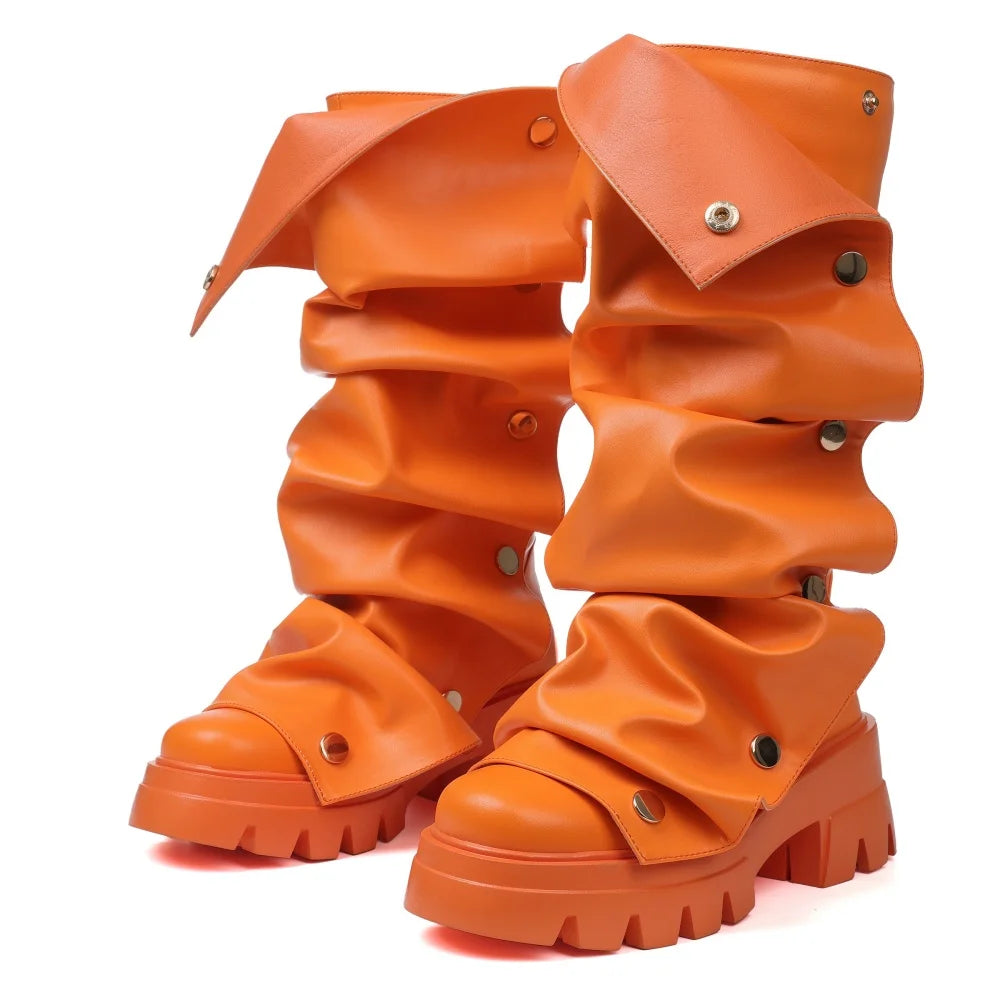 Women's Fold Over Boots Platform Chunky Heel Punk Mid Calf Boots Women Nightclub parties Pull On Boots