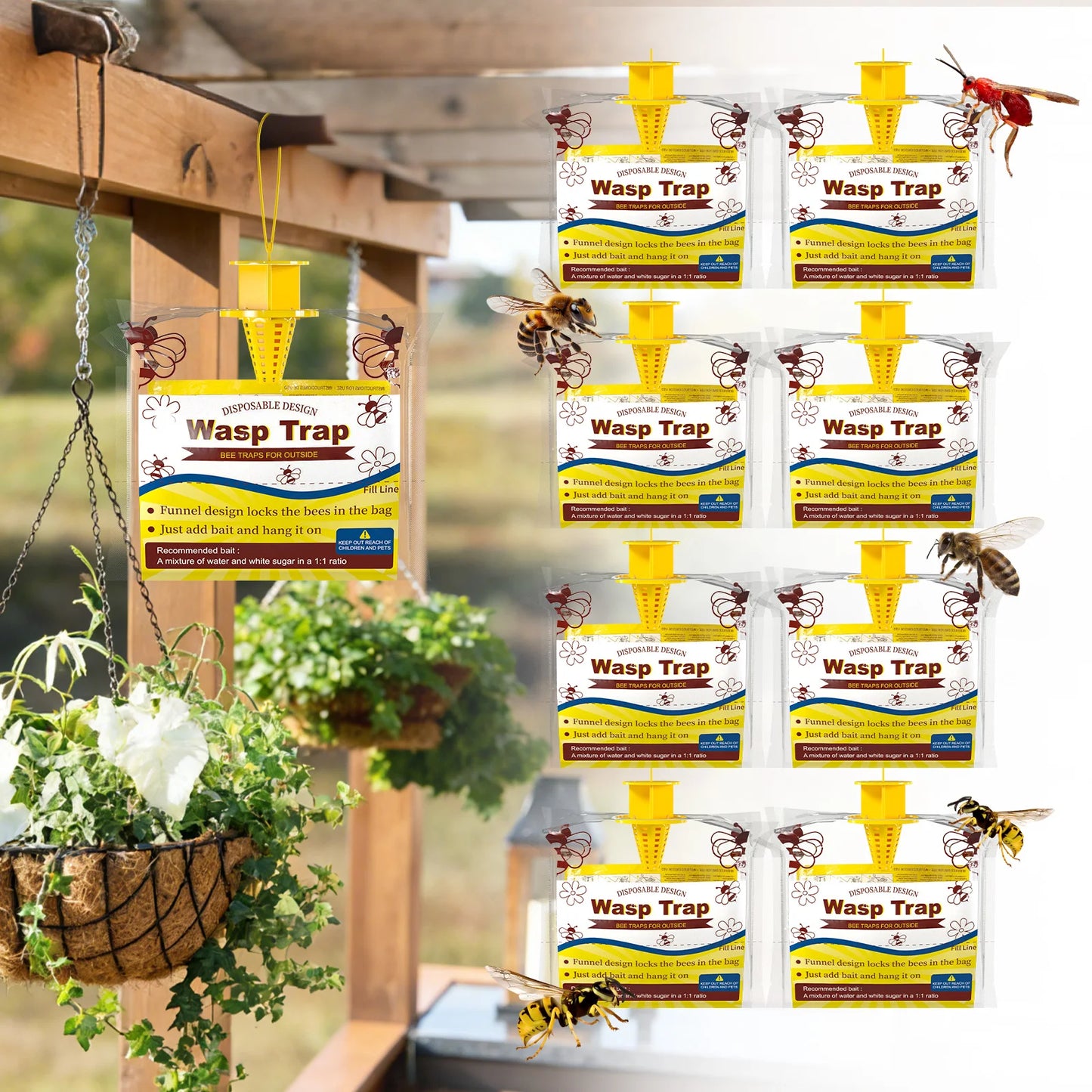 6/8 Pack Wasp Traps Yellow Jacket Trap Catcher Outdoor Hanging Disposable Yellow Jacket Tra Carpenter Bee Killer Outside Bug Catcher Bag For Pest Insect Control