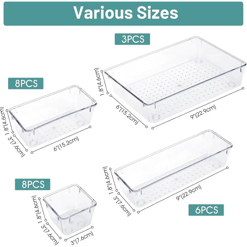 25 PCS Clear Plastic Desk Organizer Set, 4 Sizes Divider Organizers and Storage Bins for Makeup, Jewelry, Gadgets, Kitchen, Bedr