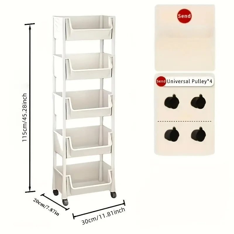 Five-layer storage cart with 4 wheels, suitable for bedroom and living room, multi-function mobile rack, bathroom and dormitory storage and finishing rack, home storage rack (non-food contact) storage and finishing