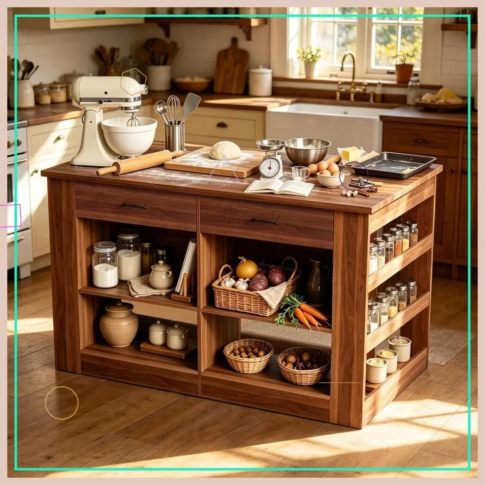 58" Farmhouse Kitchen Island with Storage, Bar Height Stationary Island with Seating, 2 Drawers & Shelves, Walnut