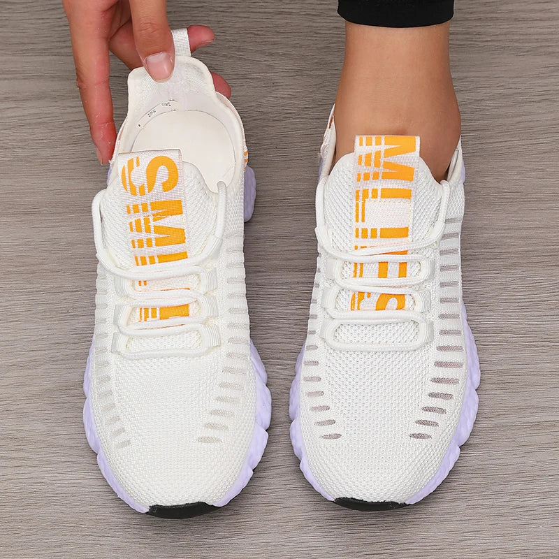 Women's Sneakers Knitted Mesh Breathable Fashionable Lightweight Soft Lace Up Shoes Flexible Trendy Exercise Walking Flat Shoes