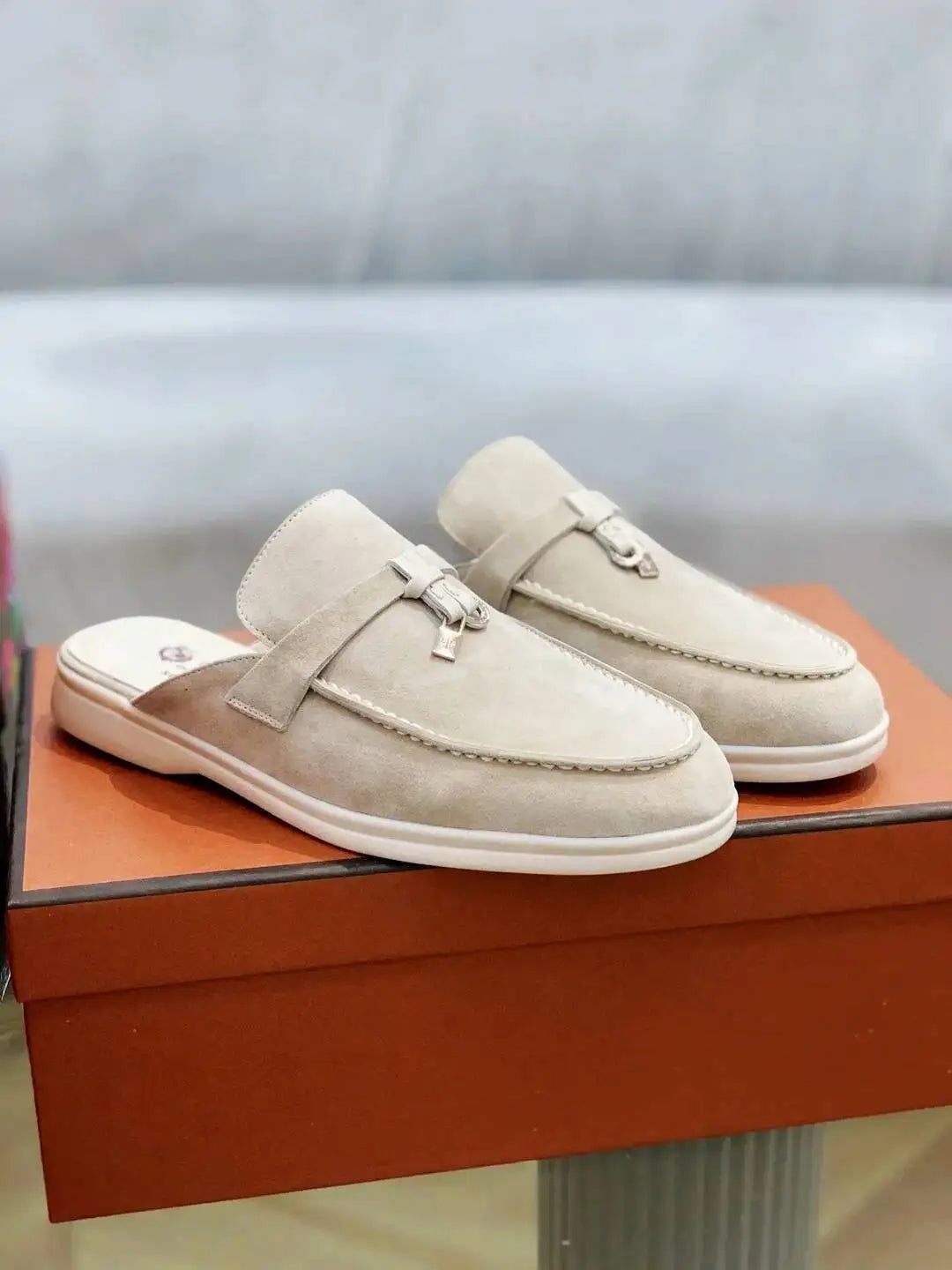 Women's British Round Head Deer Leather Tassel Terry Flat Mule Half Slippers | Cozy Lazy Home Shoes