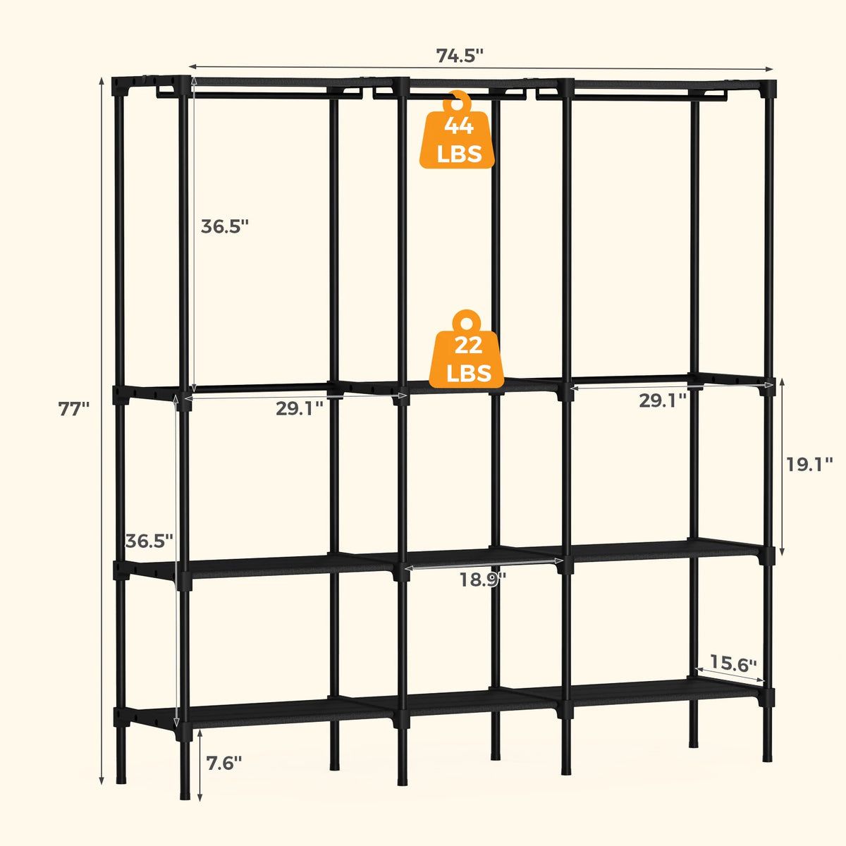 JHK 72IN to 81IN Portable Three Rows Wardrobe Closet with Hanging Rods Clothing Rack with Shelves Mudroom Storage Organizer