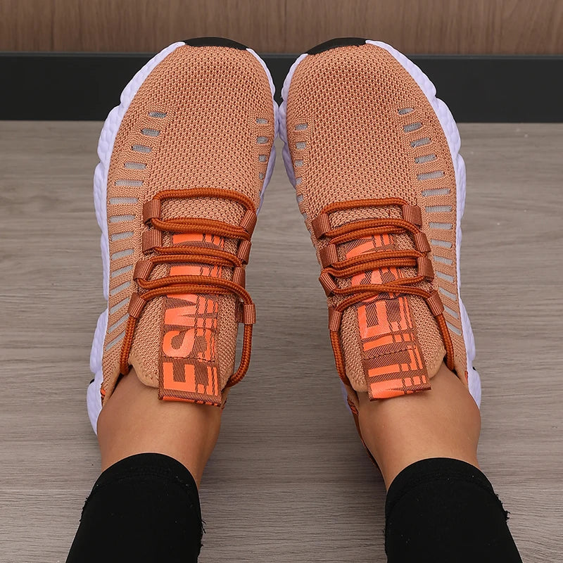 Women's Sneakers Knitted Mesh Breathable Fashionable Lightweight Soft Lace Up Shoes Flexible Trendy Exercise Walking Flat Shoes