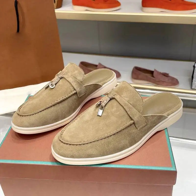Women's British Round Head Deer Leather Tassel Terry Flat Mule Half Slippers | Cozy Lazy Home Shoes