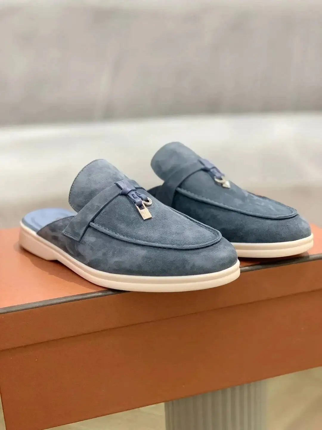 Women's British Round Head Deer Leather Tassel Terry Flat Mule Half Slippers | Cozy Lazy Home Shoes