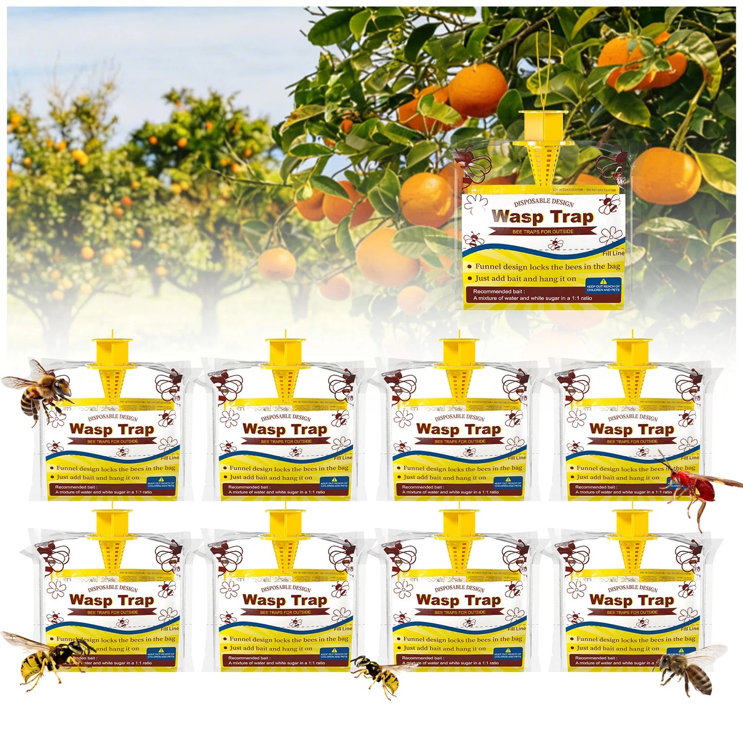 6/8 Pack Wasp Traps Yellow Jacket Trap Catcher Outdoor Hanging Disposable Yellow Jacket Tra Carpenter Bee Killer Outside Bug Catcher Bag For Pest Insect Control