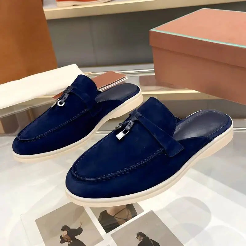 Women's British Round Head Deer Leather Tassel Terry Flat Mule Half Slippers | Cozy Lazy Home Shoes