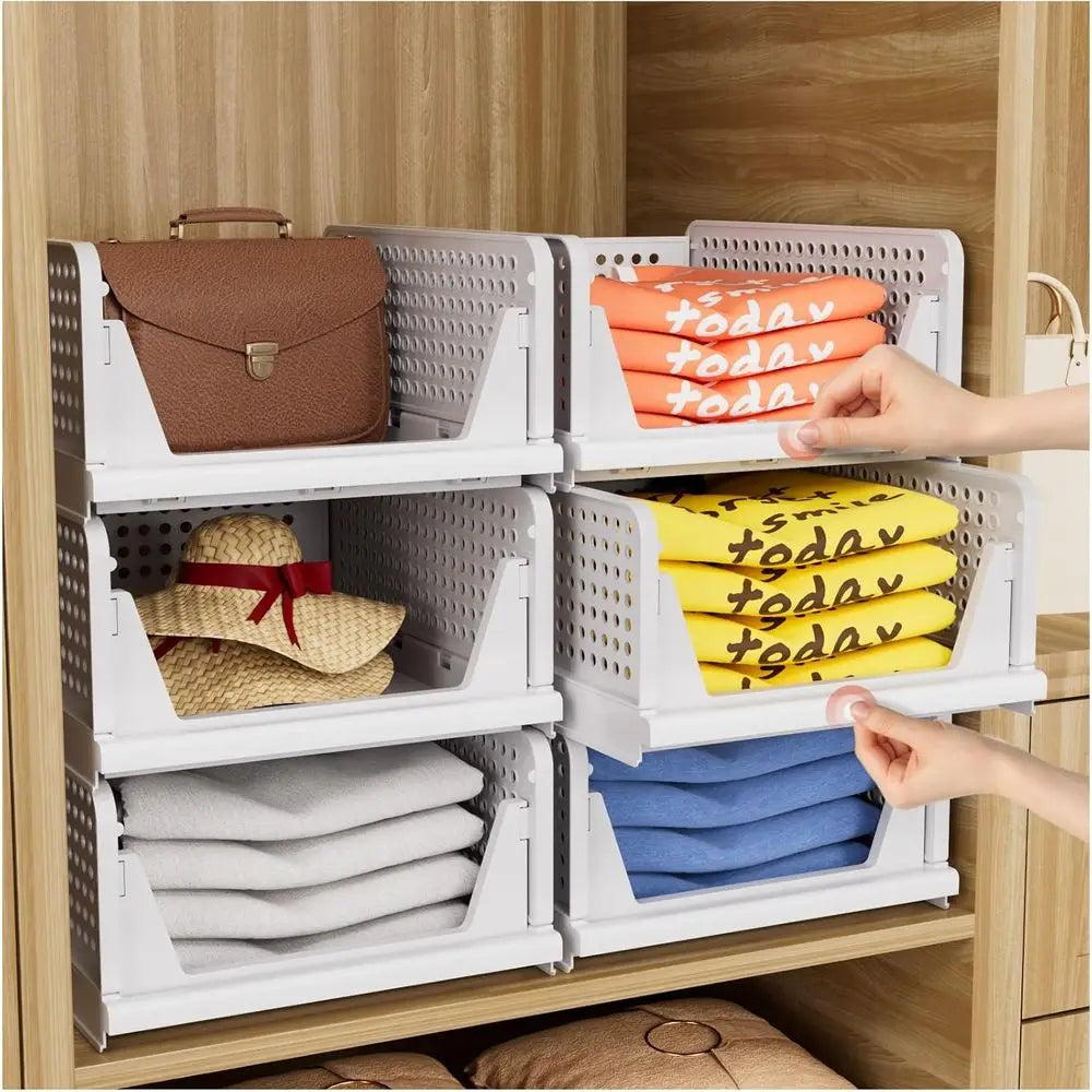 5 Pack Closet Organizers Storage Box, Stackable Storage Bins, Plastic Der Basket or Wardrobe Cupboard Kitchen Bathroom, White