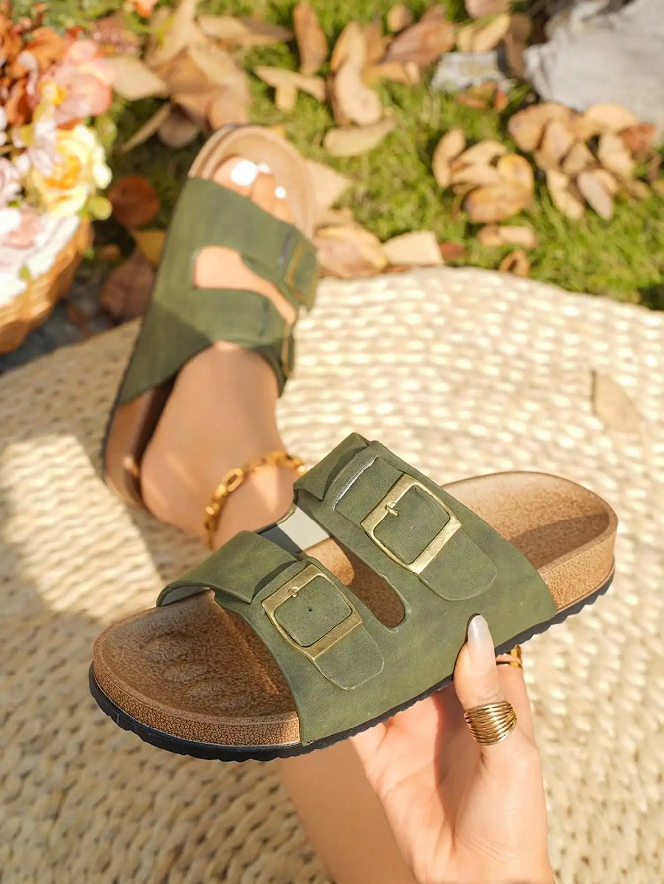 Women Soft Cork Double Buckle Slide Sandals, Adjustable Non Slip Flat Slippers, Black Open Toe Summer Shoes for Daily Beach Outdoor Vacation