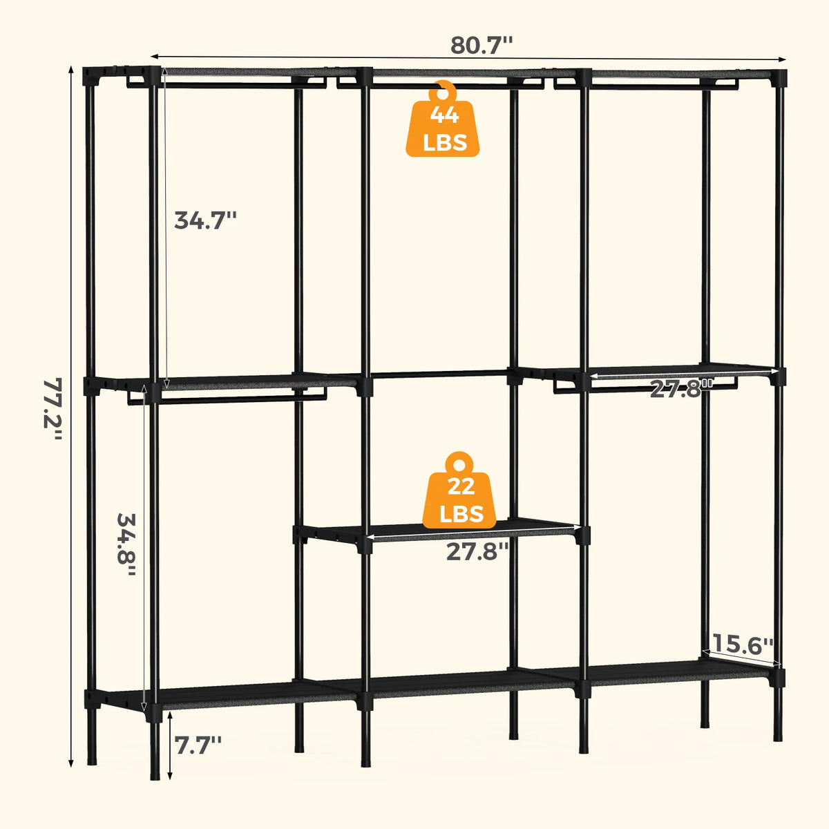 JHK 72IN to 81IN Portable Three Rows Wardrobe Closet with Hanging Rods Clothing Rack with Shelves Mudroom Storage Organizer