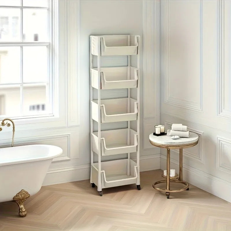 Five-layer storage cart with 4 wheels, suitable for bedroom and living room, multi-function mobile rack, bathroom and dormitory storage and finishing rack, home storage rack (non-food contact) storage and finishing
