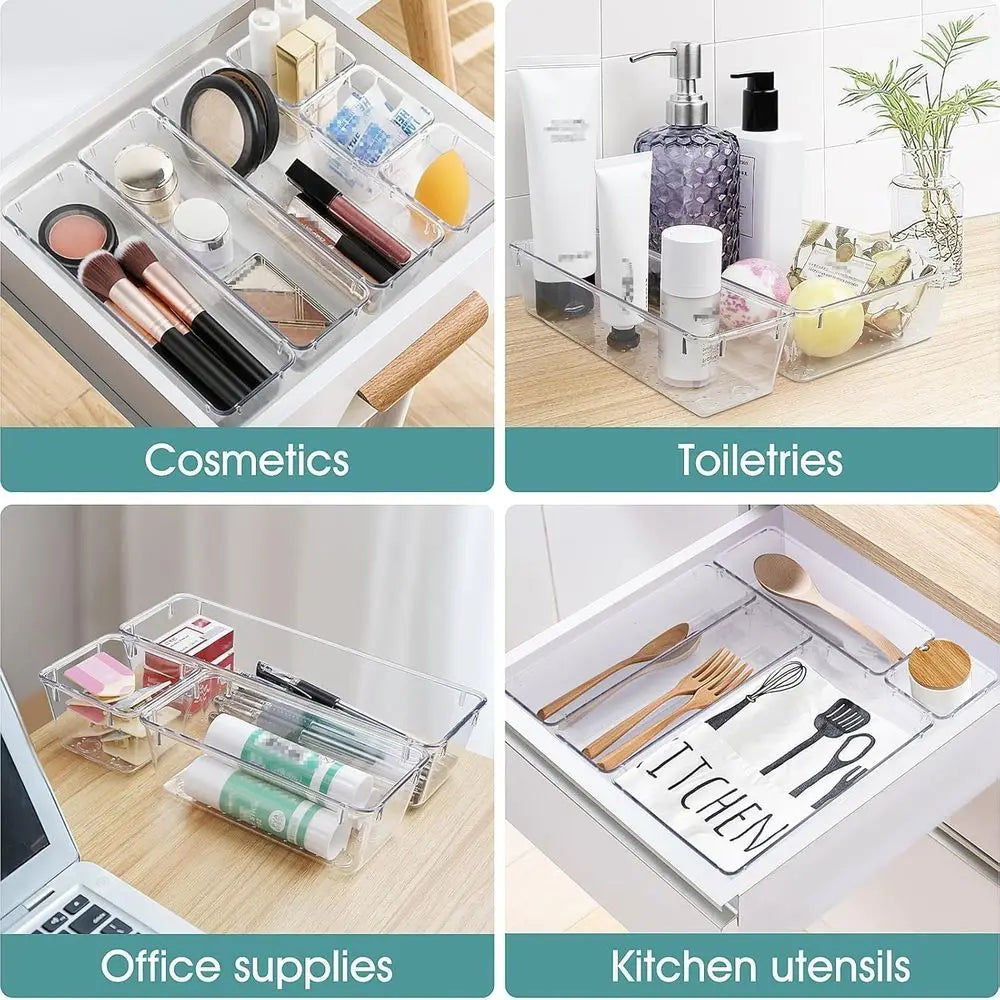 25 PCS Clear Plastic Desk Organizer Set, 4 Sizes Divider Organizers and Storage Bins for Makeup, Jewelry, Gadgets, Kitchen, Bedr