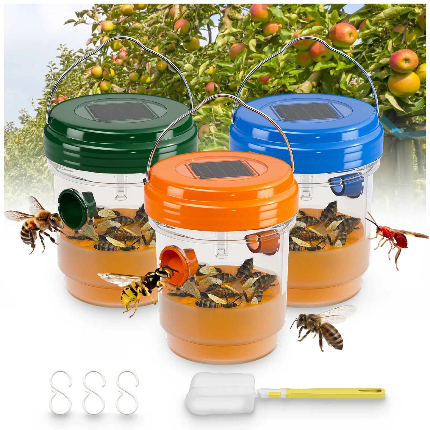 3 Pcs Outdoor Hanging Solar Wasp Traps With LED Light Outside Carpenter Bee Trap Reusable Yellow Jacket Catcher Hornet Flying Insect Bee Killer Deterrent For Patio Lawn Garden