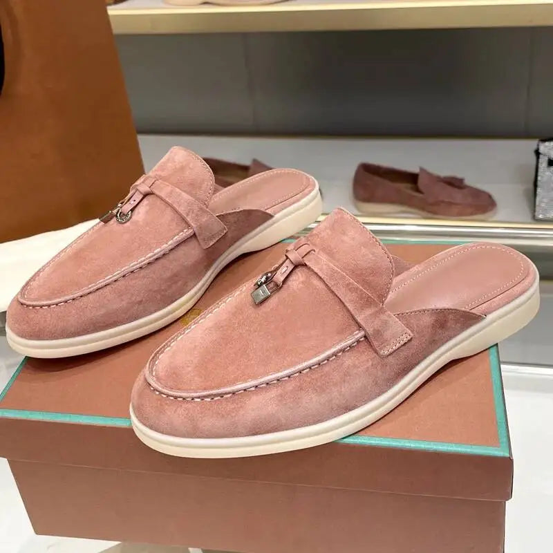 Women's British Round Head Deer Leather Tassel Terry Flat Mule Half Slippers | Cozy Lazy Home Shoes
