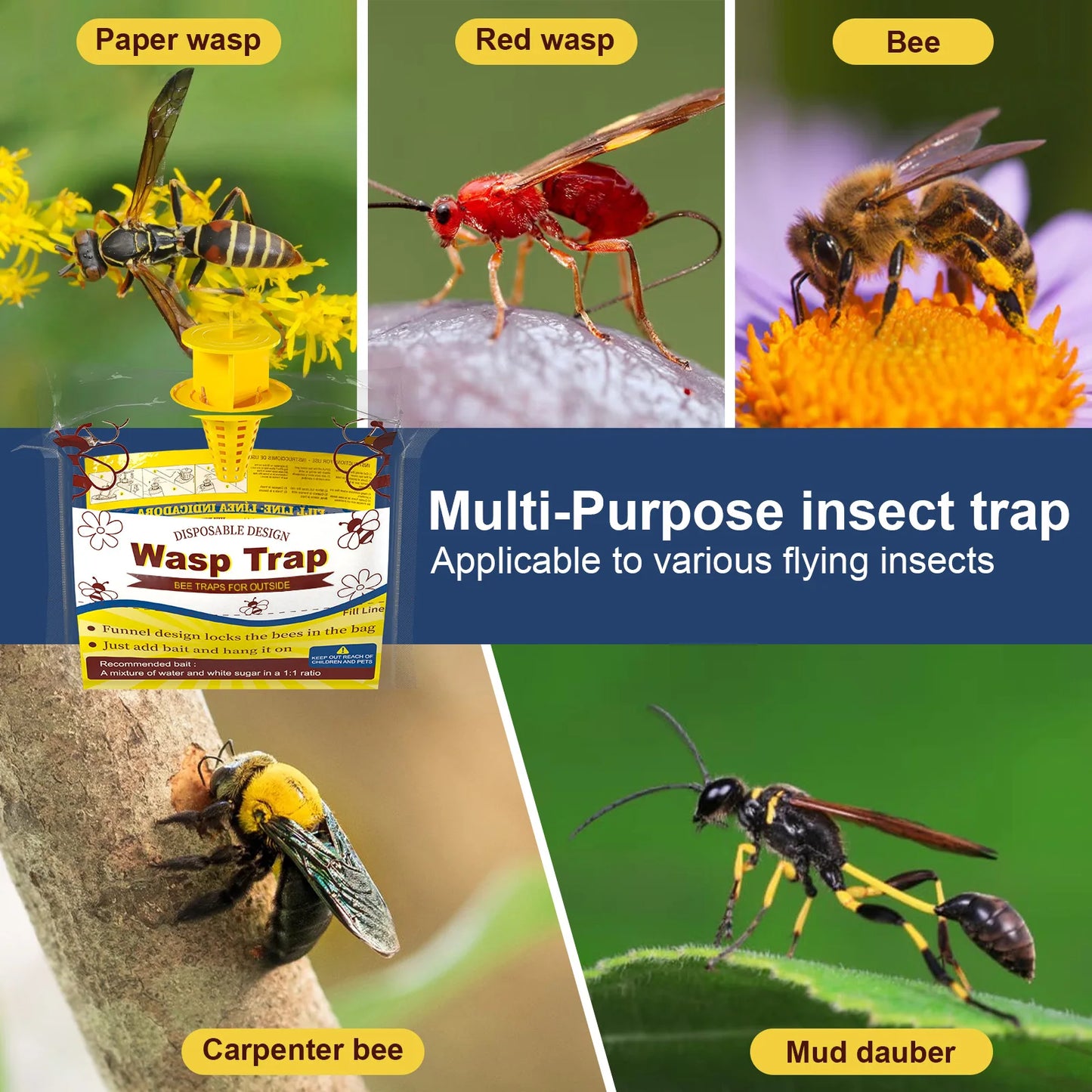 6/8 Pack Wasp Traps Yellow Jacket Trap Catcher Outdoor Hanging Disposable Yellow Jacket Tra Carpenter Bee Killer Outside Bug Catcher Bag For Pest Insect Control