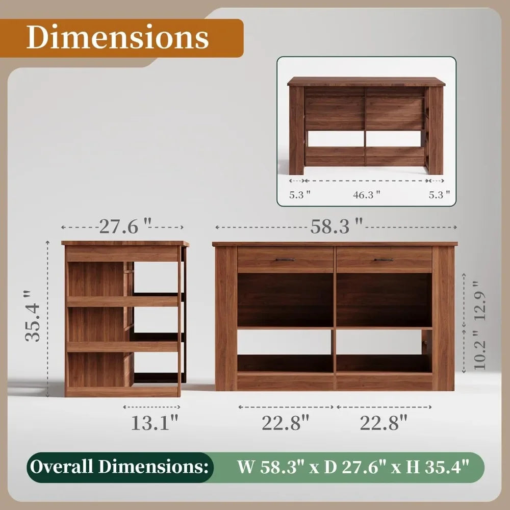 58" Farmhouse Kitchen Island with Storage, Bar Height Stationary Island with Seating, 2 Drawers & Shelves, Walnut