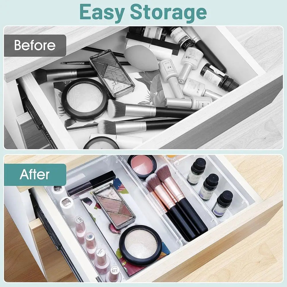 25 PCS Clear Plastic Desk Organizer Set, 4 Sizes Divider Organizers and Storage Bins for Makeup, Jewelry, Gadgets, Kitchen, Bedr