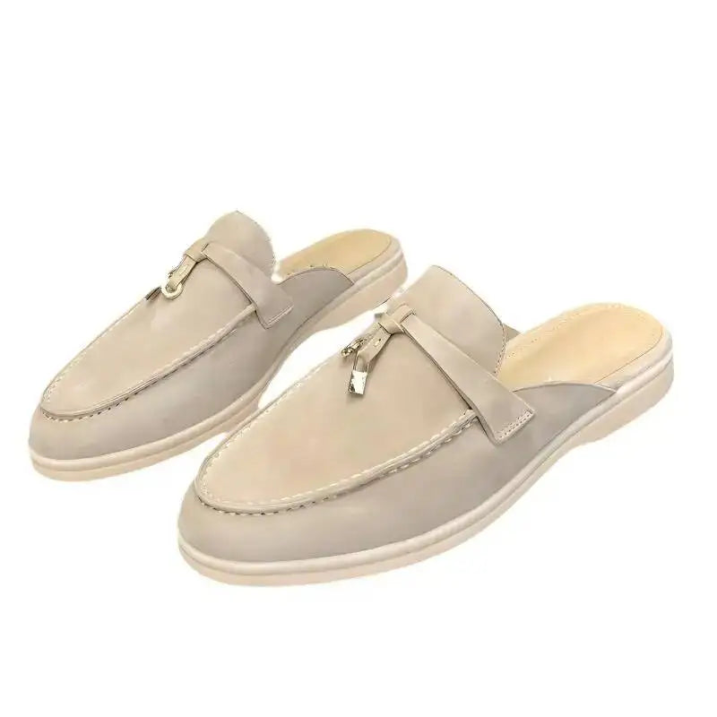 Women's British Round Head Deer Leather Tassel Terry Flat Mule Half Slippers | Cozy Lazy Home Shoes