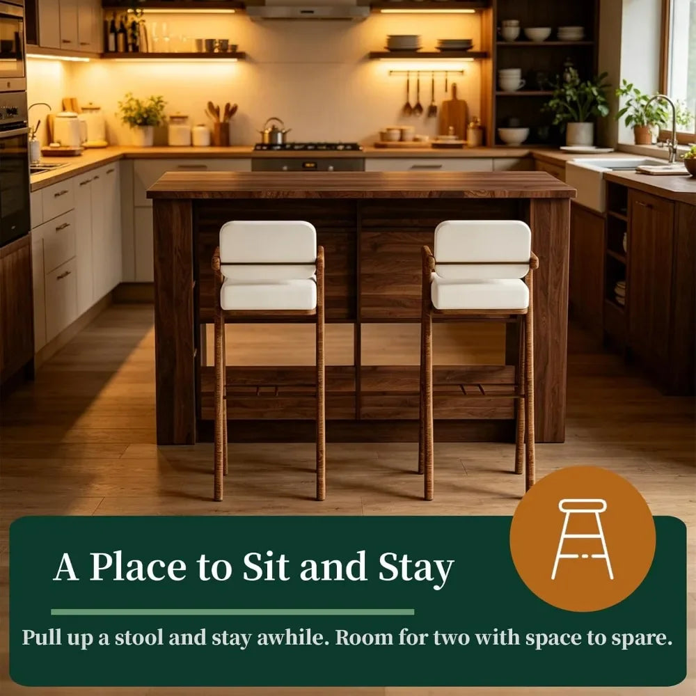 58" Farmhouse Kitchen Island with Storage, Bar Height Stationary Island with Seating, 2 Drawers & Shelves, Walnut