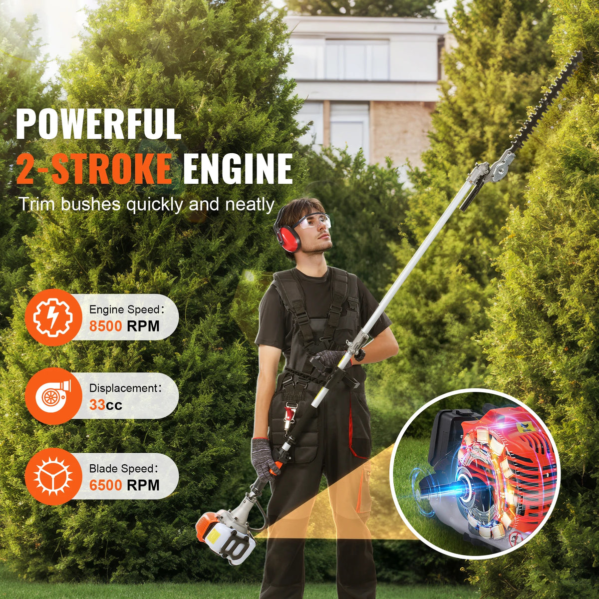 SucceBuy 33CC 6-in-1Multi-Functional Trimming Tools Gas Hedge Trimmer Weed Eater String TrimmerBrush Cutter Pole Saw Chainsaw