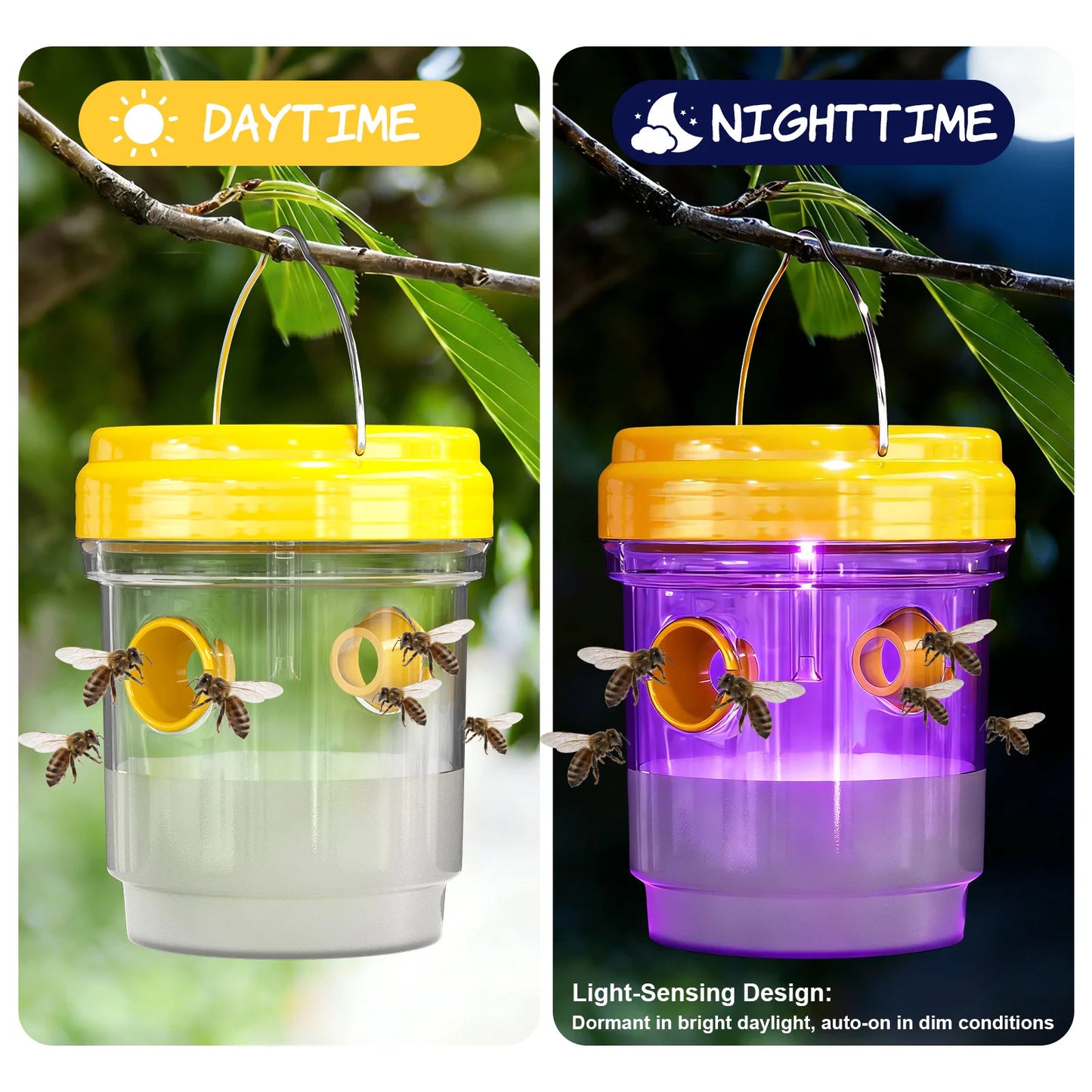3 Pcs Outdoor Hanging Solar Wasp Traps With LED Light Outside Carpenter Bee Trap Reusable Yellow Jacket Catcher Hornet Flying Insect Bee Killer Deterrent For Patio Lawn Garden