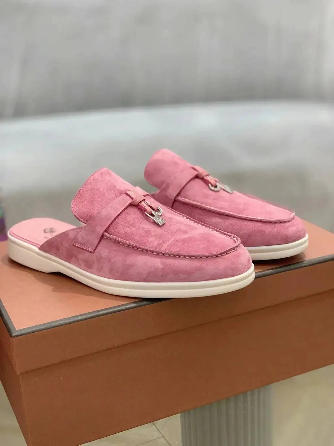 Women's British Round Head Deer Leather Tassel Terry Flat Mule Half Slippers | Cozy Lazy Home Shoes