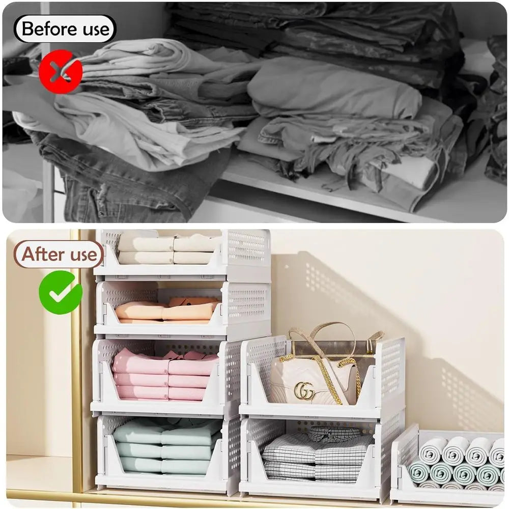 5 Pack Closet Organizers Storage Box, Stackable Storage Bins, Plastic Der Basket or Wardrobe Cupboard Kitchen Bathroom, White