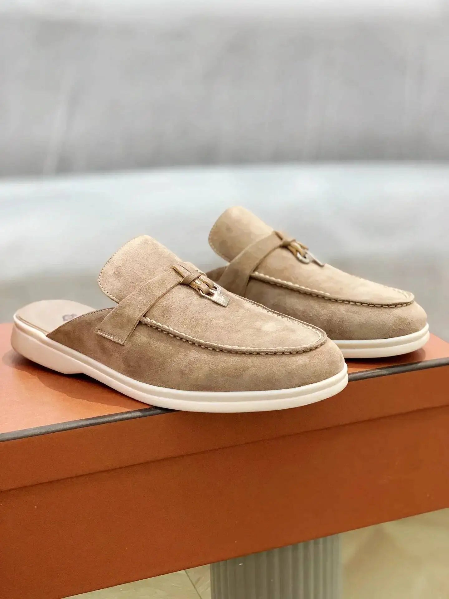 Women's British Round Head Deer Leather Tassel Terry Flat Mule Half Slippers | Cozy Lazy Home Shoes
