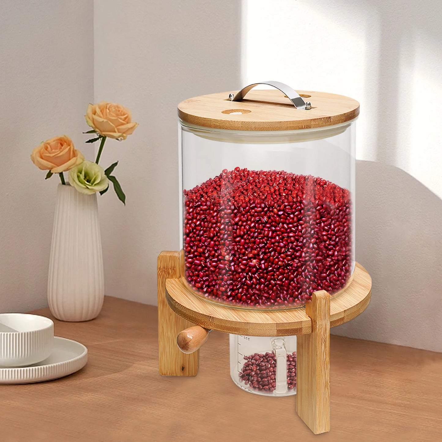 5L Clear Cereal Dispenser with Measuring Cup Glass Food Storage Container for Rice, Flour, Pet Food, Kitchen Organization