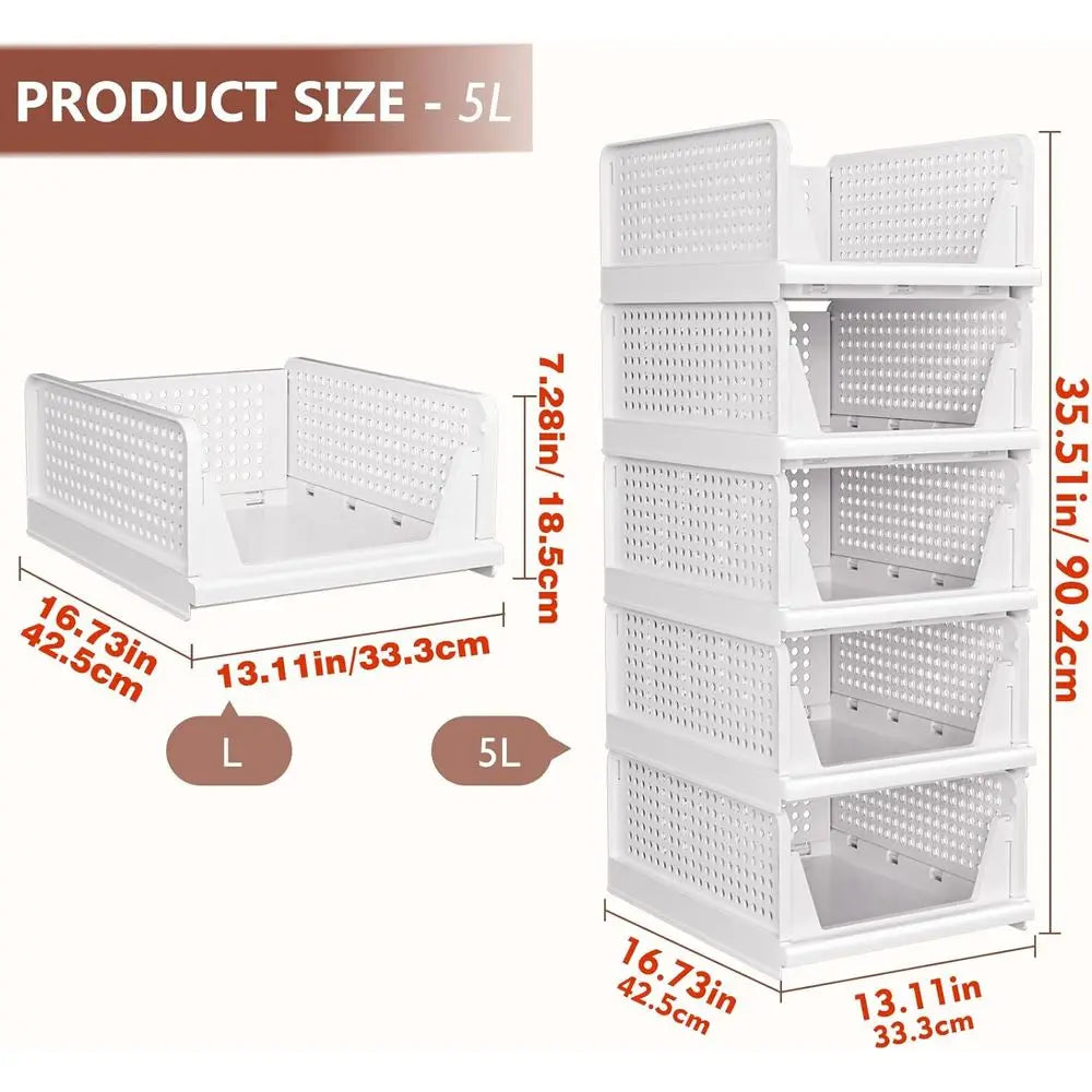 5 Pack Closet Organizers Storage Box, Stackable Storage Bins, Plastic Der Basket or Wardrobe Cupboard Kitchen Bathroom, White