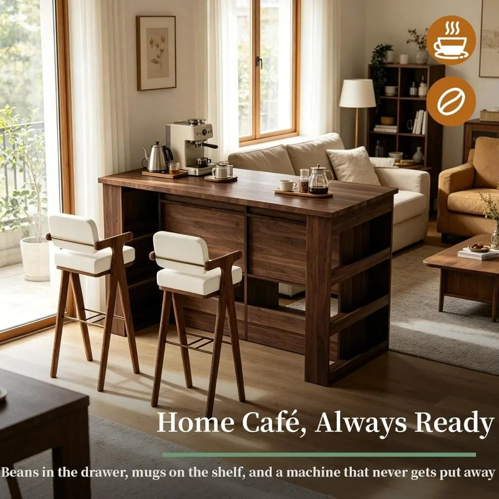 58" Farmhouse Kitchen Island with Storage, Bar Height Stationary Island with Seating, 2 Drawers & Shelves, Walnut