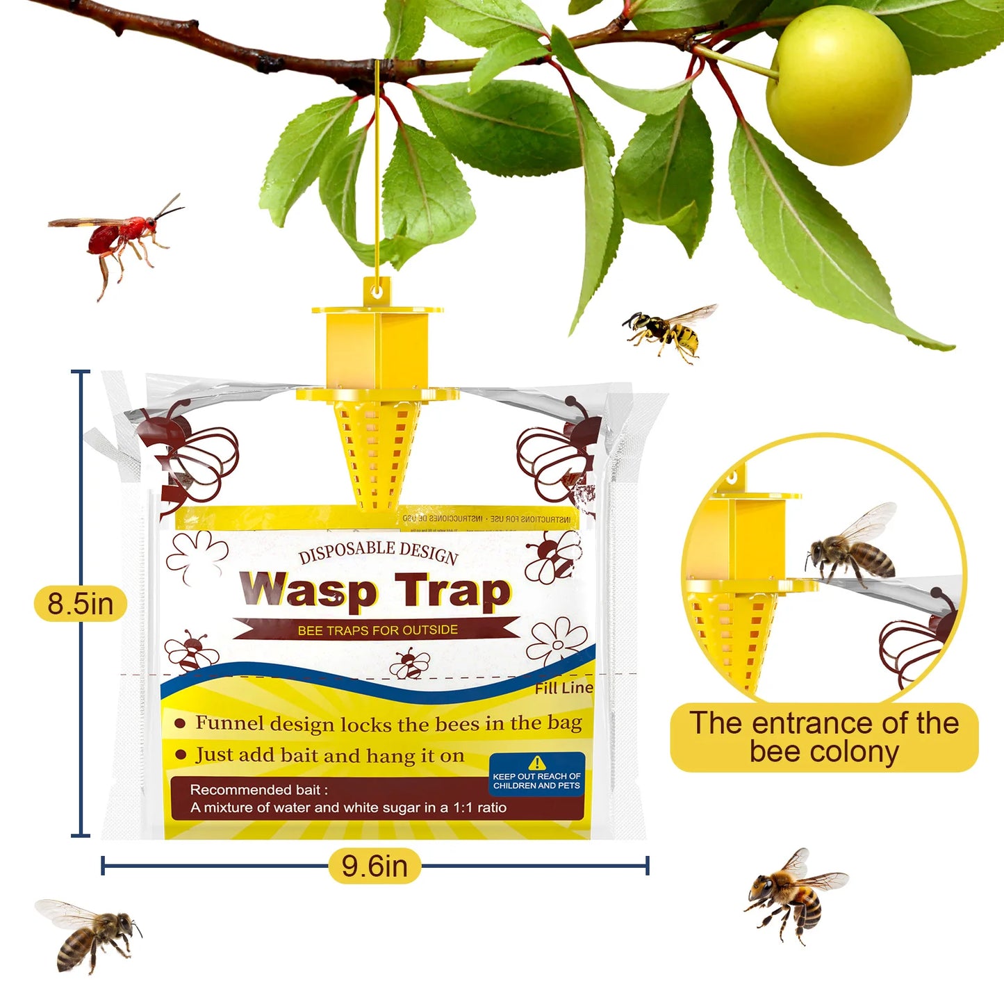 6/8 Pack Wasp Traps Yellow Jacket Trap Catcher Outdoor Hanging Disposable Yellow Jacket Tra Carpenter Bee Killer Outside Bug Catcher Bag For Pest Insect Control