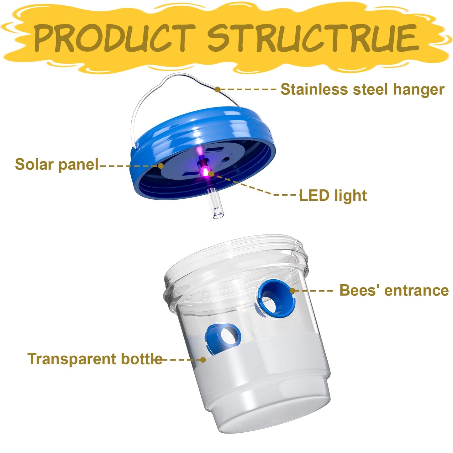 3 Pcs Outdoor Hanging Solar Wasp Traps With LED Light Outside Carpenter Bee Trap Reusable Yellow Jacket Catcher Hornet Flying Insect Bee Killer Deterrent For Patio Lawn Garden