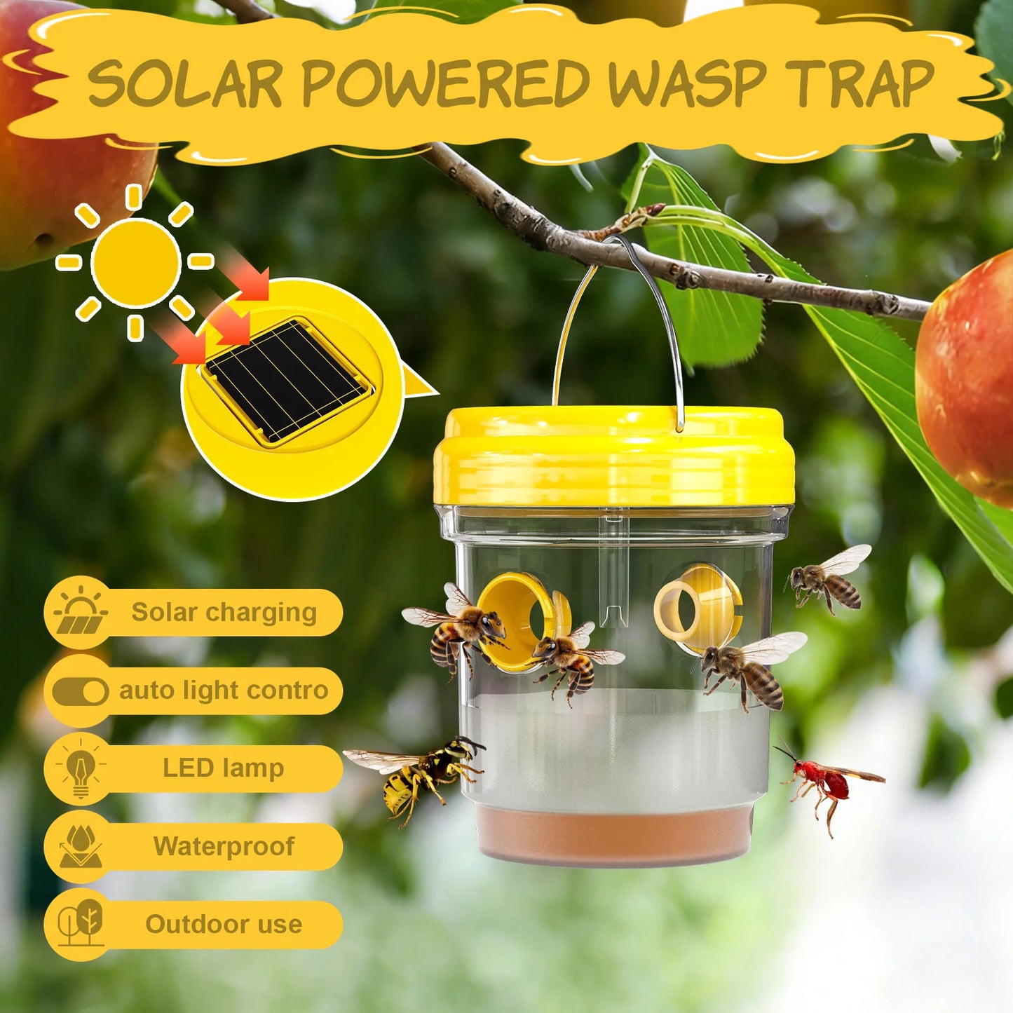 3 Pcs Outdoor Hanging Solar Wasp Traps With LED Light Outside Carpenter Bee Trap Reusable Yellow Jacket Catcher Hornet Flying Insect Bee Killer Deterrent For Patio Lawn Garden