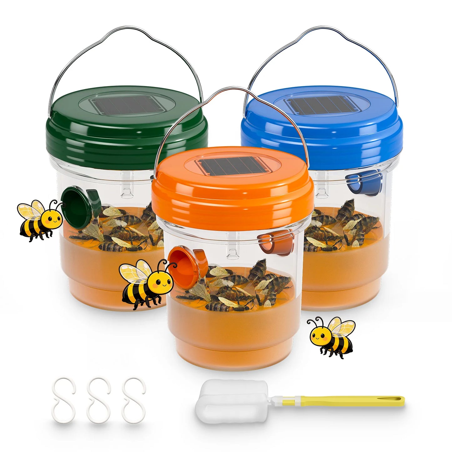 3 Pcs Outdoor Hanging Solar Wasp Traps With LED Light Outside Carpenter Bee Trap Reusable Yellow Jacket Catcher Hornet Flying Insect Bee Killer Deterrent For Patio Lawn Garden